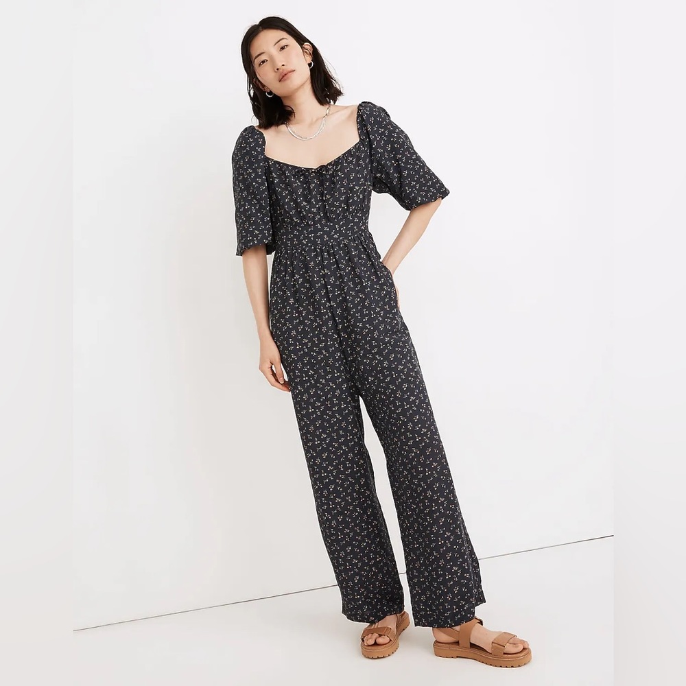 Madewell Square-Neck Bubble-Sleeve Jumpsuit Spring Fling Blue Floral Size 00